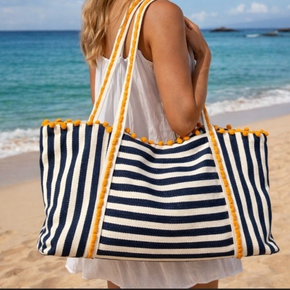 Paper‎ Source Striped Cotton Bag Large Navy Cream Pom Pom Nautical Beach Travel